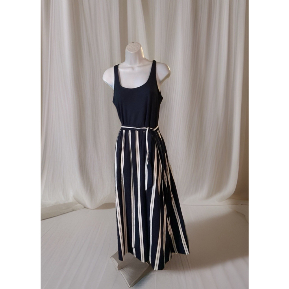 White House Black Market SL Mixed Media Midi Dress•Libby Navy/White Strip•NWT